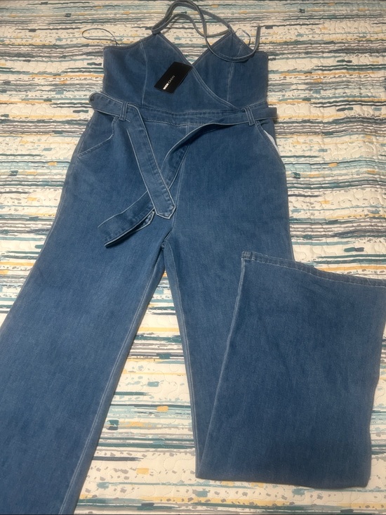 Fashion Nova Pants - Fashion Nova Blue Denim Wide-Leg Jumpsuit with Tie Waist